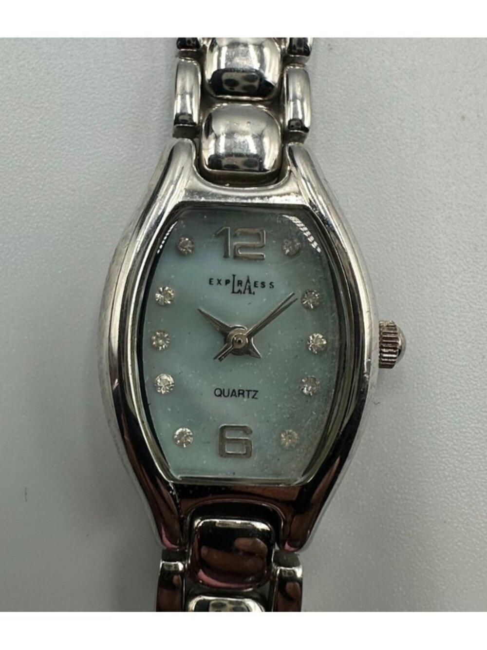 3/$30 LA Express Watch Women Silver Tone Blue Mother Of Pearl Dial 6.5"